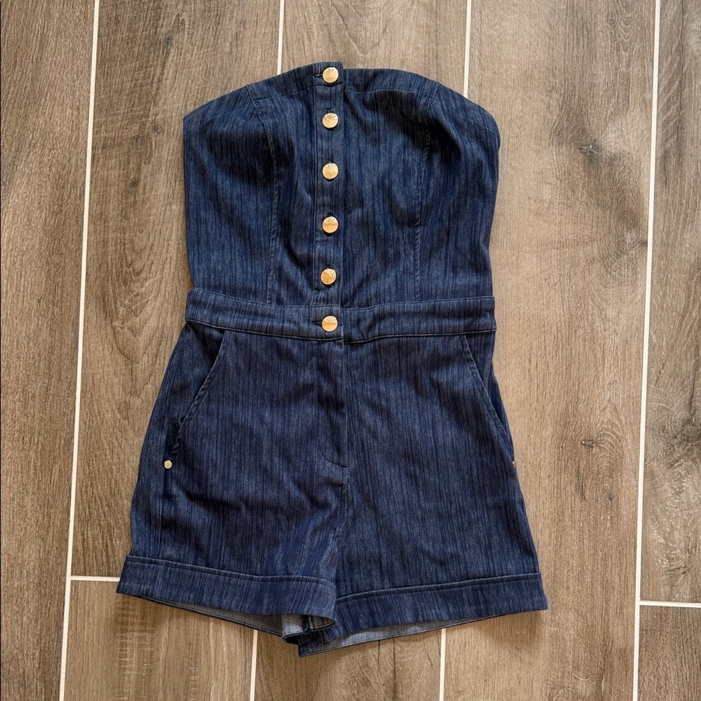 bebe Dark Blue Denim Strapless Romper-size XS